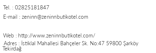 Zeninn Butik Otel telefon numaralar, faks, e-mail, posta adresi ve iletiim bilgileri